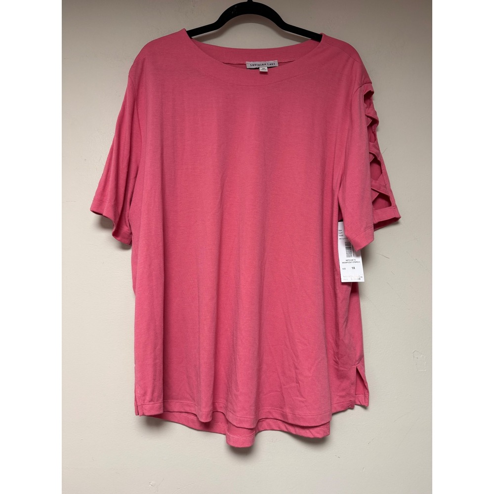 Southern Lady Rose Pink Cutout Sleeve Tee Shirt Plus Size 1X Casual Everyday